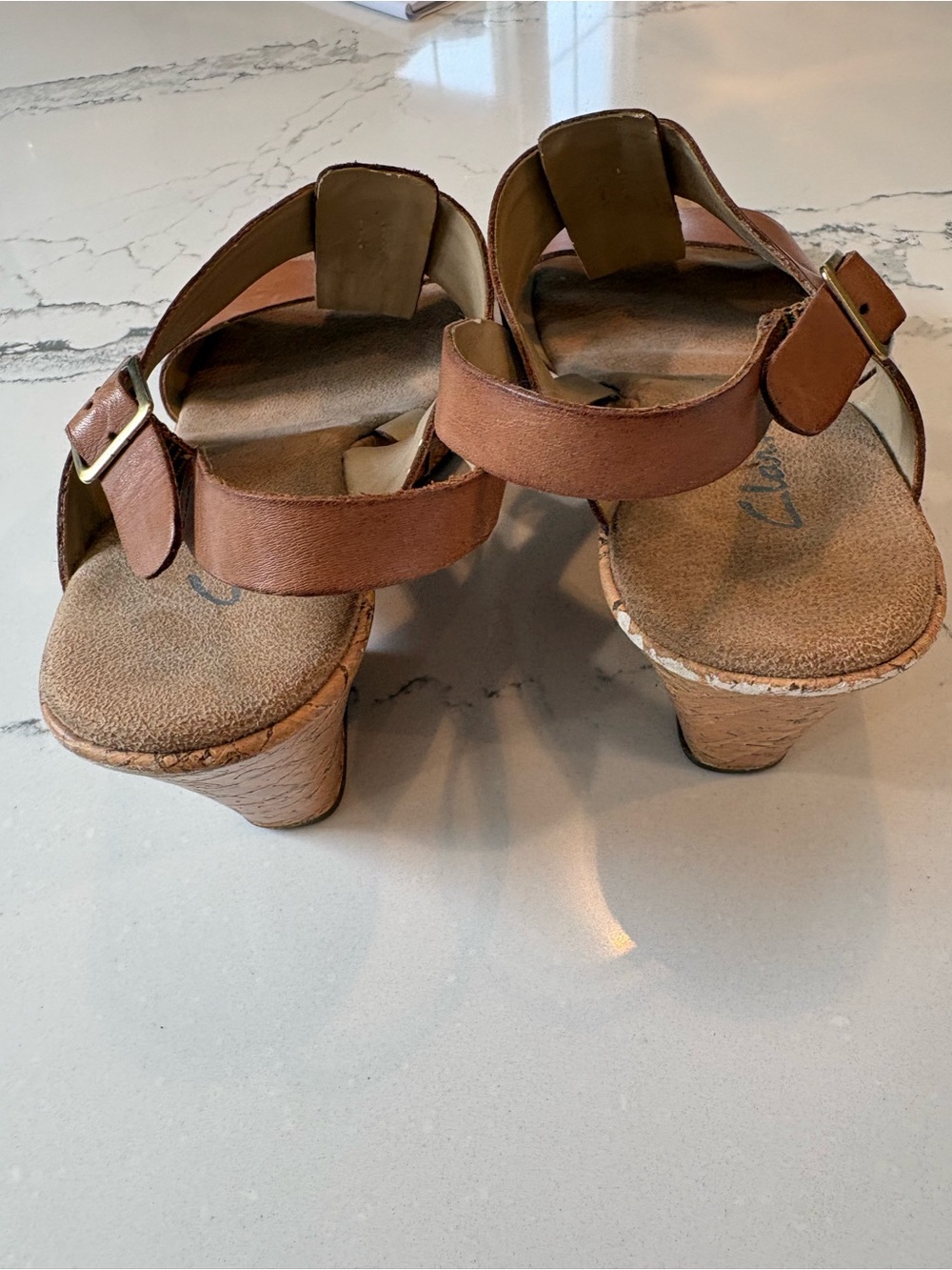 Clarks Tan Leather Wedge Slingback Sandals - Picture 2 of 4